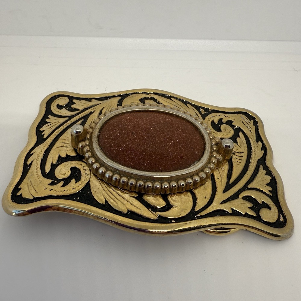 Western Gold Plated Carved Metal Belt Buckle Brown-Orange Stone Cowgirl Fashion - Picture 2 of 4